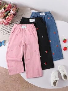SHEIN 女童 3件組 牛仔長褲 寬腿 寬鬆版型 淺藍色 秋季 牛仔女孩 牛仔男孩 - 彩色 - 查看 4