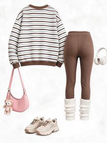 Tween Girls Striped Print Crew Neck Sweatshirt Set, Personalized Striped Print Set, Personalized Sweatshirt, Suitable For Autumn/Winter, Daily Wear, Casual Outfits, Energetic Outfits, Casual Outings, Basic Style, Comfortable And Easy To Wear, Daily Casual - Multicolor - View 2
