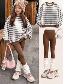 Tween Girls Striped Print Crew Neck Sweatshirt Set, Personalized Striped Print Set, Personalized Sweatshirt, Suitable For Autumn/Winter, Daily Wear, Casual Outfits, Energetic Outfits, Casual Outings, Basic Style, Comfortable And Easy To Wear, Daily Casual - Multicolor - View 4