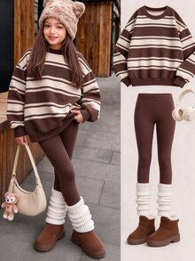 SHEIN Tween Girls Striped Print Crew Neck Sweatshirt Set, Personalized Striped Print Set, Personalized Sweatshirt, Suitable For Autumn/Winter, Daily Outings, Casual Wear, Energetic Style, Casual Travel, Basic Style, Comfortable And Easy To Wear, Daily Casual - Multicolor - View 3