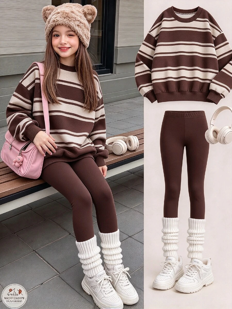 SHEIN Tween Girls Striped Print Crew Neck Sweatshirt Set, Personalized Striped Print Set, Personalized Sweatshirt, Suitable For Autumn/Winter, Daily Outings, Casual Wear, Energetic Style, Casual Travel, Basic Style, Comfortable And Easy To Wear, Daily Casual - Multicolor - View 1