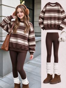 SHEIN Tween Girls Striped Print Crew Neck Sweatshirt Set, Personalized Striped Print Set, Personalized Sweatshirt, Suitable For Autumn/Winter, Daily Outings, Casual Wear, Energetic Style, Casual Travel, Basic Style, Comfortable And Easy To Wear, Daily Casual - Multicolor - View 6