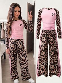 SHEIN Tween Girl Bow Print Leopard Pink Color Block Long Sleeve T-Shirt And Wide Leg Pants Casual Daily 2Pcs Set Autumn Winter Outfit - Pink - View 1