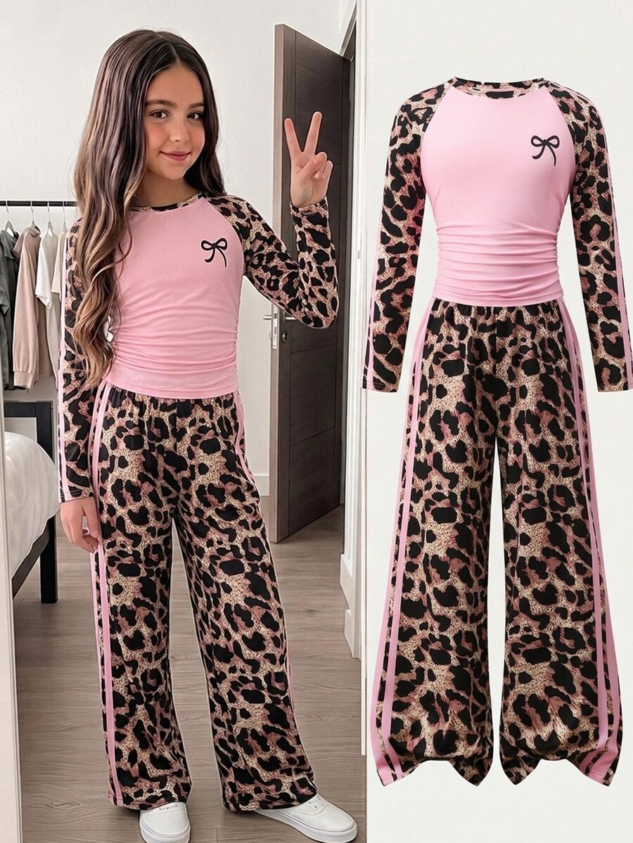 SHEIN Tween Girl Bow Print Leopard Pink Color Block Long Sleeve T-Shirt And Wide Leg Pants Casual Daily 2Pcs Set Autumn Winter Outfit - Pink - View 1