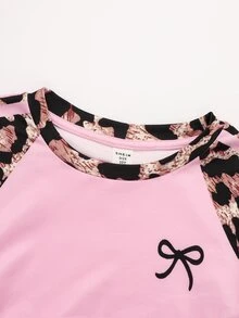 SHEIN Tween Girl Bow Print Leopard Pink Color Block Long Sleeve T-Shirt And Wide Leg Pants Casual Daily 2Pcs Set Autumn Winter Outfit - Pink - View 6