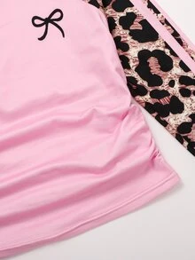 SHEIN Tween Girl Bow Print Leopard Pink Color Block Long Sleeve T-Shirt And Wide Leg Pants Casual Daily 2Pcs Set Autumn Winter Outfit - Pink - View 7