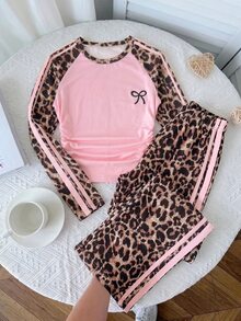 SHEIN Tween Girl Bow Print Leopard Pink Color Block Long Sleeve T-Shirt And Wide Leg Pants Casual Daily 2Pcs Set Autumn Winter Outfit - Pink - View 2