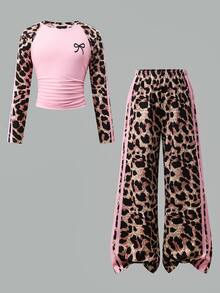 SHEIN Tween Girl Bow Print Leopard Pink Color Block Long Sleeve T-Shirt And Wide Leg Pants Casual Daily 2Pcs Set Autumn Winter Outfit - Pink - View 3