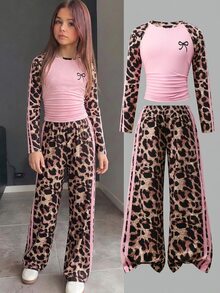 SHEIN Tween Girl Bow Print Leopard Pink Color Block Long Sleeve T-Shirt And Wide Leg Pants Casual Daily 2Pcs Set Autumn Winter Outfit - Pink - View 11