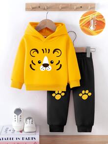 2pcs/Set Baby Boy Outfit Fashionable Cute Tiger Print Hooded Fleece Sweatshirt Footprint Print Fleece Pants Suitable For Outings Autumn/Winter Black - Multicolor - View 3