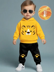 2pcs/Set Baby Boy Outfit Fashionable Cute Tiger Print Hooded Fleece Sweatshirt Footprint Print Fleece Pants Suitable For Outings Autumn/Winter Black - Multicolor - View 1