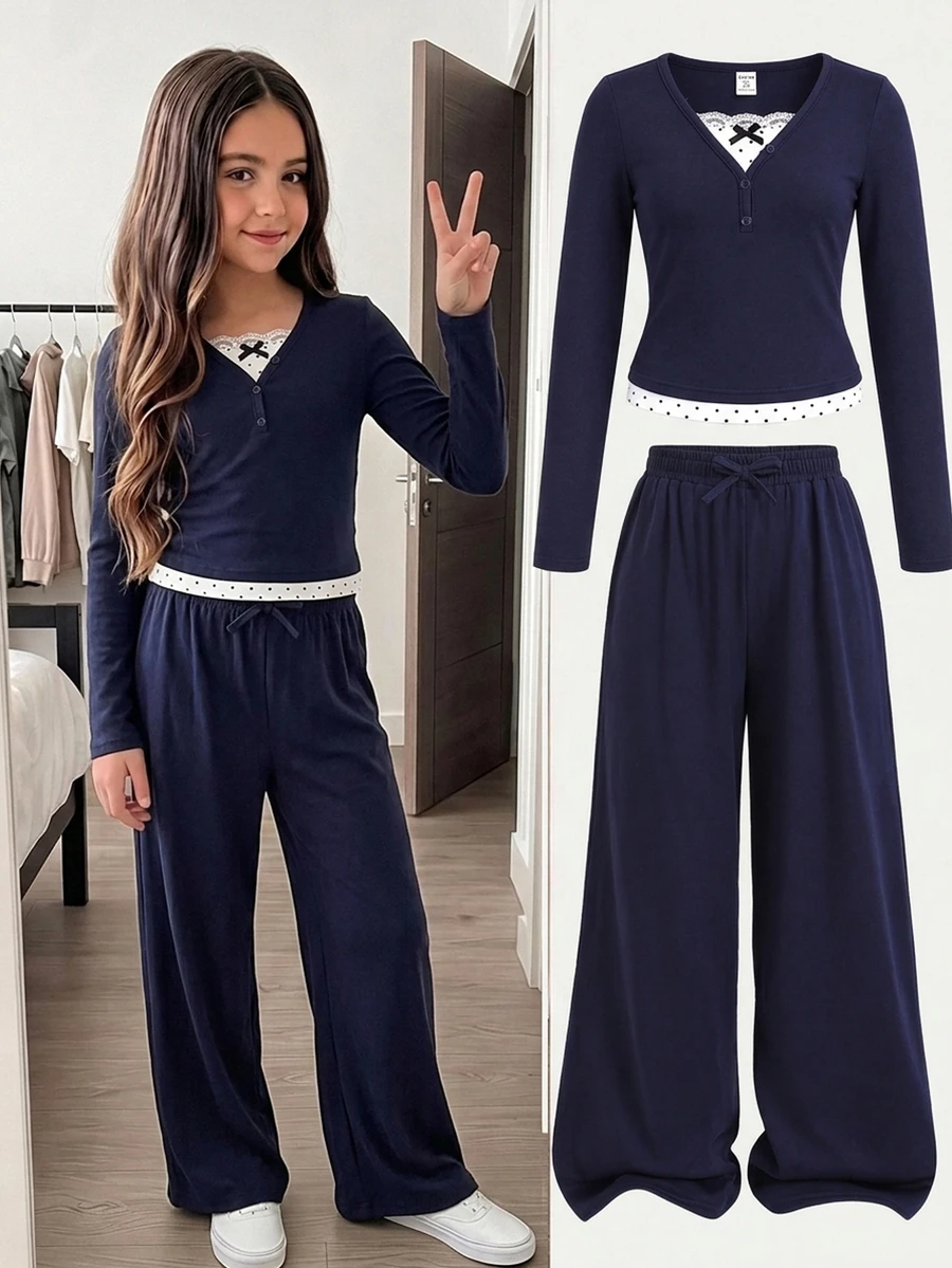 SHEIN Tween女孩兒童秋季皇家藍拼接波點長袖蝴蝶結裝飾蕾絲飾邊2合1T恤與配套直筒長褲2件套 - 藏蓝色 - 查看 1