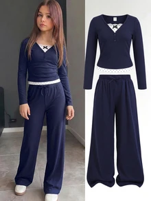 SHEIN Tween女孩秋季皇家藍拼色波點長袖蝴蝶結裝飾蕾絲飾邊2合1T恤與配套直筒長褲2件套 - 藏蓝色 - 查看 1