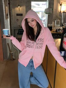 DAZY Pattern Printed Hooded Thermal Lined Sweatshirt, Casual Daily Korean Style Women's Sweatshirt For Autumn/Winter - Pink - View 7