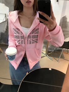 DAZY Pattern Printed Hooded Thermal Lined Sweatshirt, Casual Daily Korean Style Women's Sweatshirt For Autumn/Winter - Pink - View 9