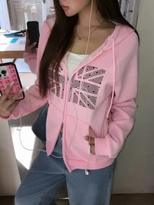 DAZY Pattern Printed Hooded Thermal Lined Sweatshirt, Casual Daily Korean Style Women's Sweatshirt For Autumn/Winter - Pink - View 5