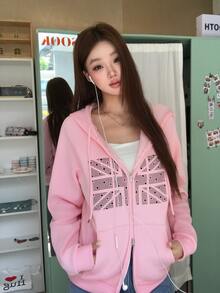 DAZY Pattern Printed Hooded Thermal Lined Sweatshirt, Casual Daily Korean Style Women's Sweatshirt For Autumn/Winter - Pink - View 10