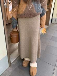 DAZY Solid Color Loose A-Line Umbrella Skirt Elegant Vacation Korean Style Autumn/Winter Long Sweater Skirt For Women - Apricot - View 2
