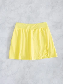 SHEIN Swim 女款純色優雅熱帶休閒側開衩裙褲設計泳裝與沙灘短褲，適合海灘泳池派對度假，奶油黃夏季款 - 淡黃色 - 查看 8