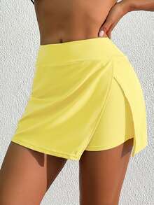 SHEIN Swim 女款純色優雅熱帶休閒側開衩裙褲設計泳裝與沙灘短褲，適合海灘泳池派對度假，奶油黃夏季款 - 淡黃色 - 查看 1