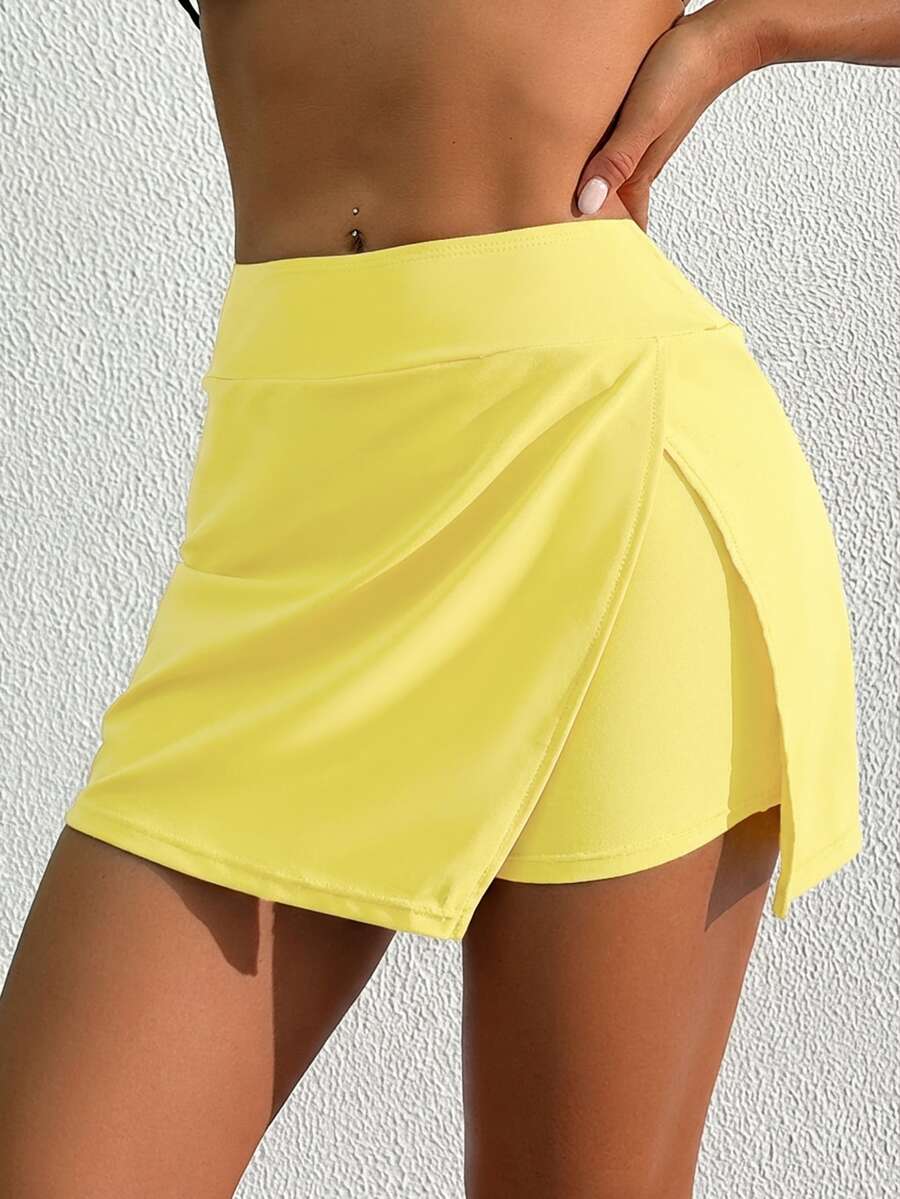 SHEIN Swim 女款純色優雅熱帶休閒側開衩裙褲設計泳裝與沙灘短褲，適合海灘泳池派對度假，奶油黃夏季款 - 淡黃色 - 查看 1