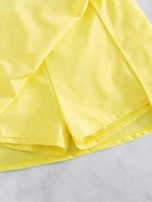 SHEIN Swim 女款純色優雅熱帶休閒側開衩裙褲設計泳裝與沙灘短褲，適合海灘泳池派對度假，奶油黃夏季款 - 淡黃色 - 查看 6