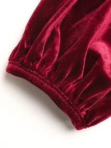 SHEIN 大女孩優雅純色酒紅天鵝絨長袖燈籠袖洋裝 秋冬派對洋裝 - 酒紅色 - 查看 6