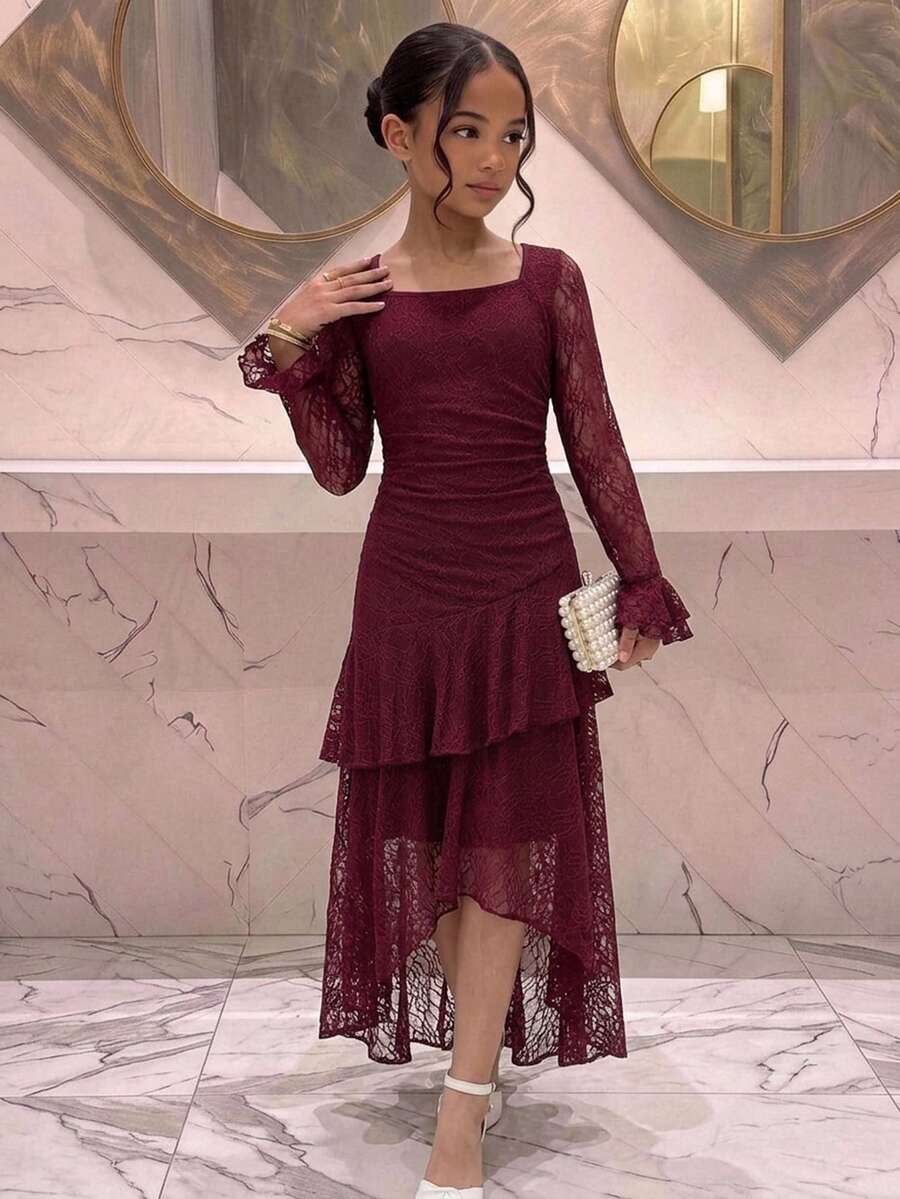 SHEIN Tween Girl Kids Autumn/Winter Elegant Burgundy Lace Neck Flared Sleeve Long Multi-Layer Ruffle Asymmetrical Hem Waist-Cinching Long Dress - Burgundy - View 1