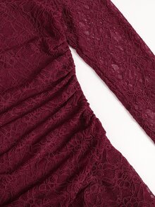SHEIN Tween Girl Kids Autumn/Winter Elegant Burgundy Lace Neck Flared Sleeve Long Multi-Layer Ruffle Asymmetrical Hem Waist-Cinching Long Dress - Burgundy - View 5