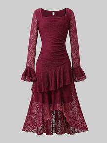 SHEIN Tween Girl Kids Autumn/Winter Elegant Burgundy Lace Neck Flared Sleeve Long Multi-Layer Ruffle Asymmetrical Hem Waist-Cinching Long Dress - Burgundy - View 2