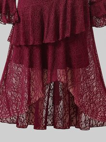 SHEIN Tween Girl Kids Autumn/Winter Elegant Burgundy Lace Neck Flared Sleeve Long Multi-Layer Ruffle Asymmetrical Hem Waist-Cinching Long Dress - Burgundy - View 7