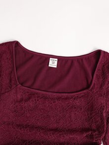 SHEIN Tween Girl Kids Autumn/Winter Elegant Burgundy Lace Neck Flared Sleeve Long Multi-Layer Ruffle Asymmetrical Hem Waist-Cinching Long Dress - Burgundy - View 4