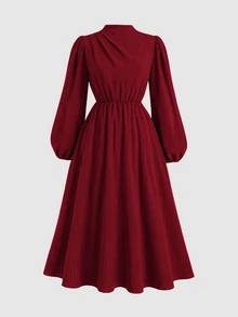 SHEIN 少女純色紋理酒紅色長袖優雅洋裝 通勤立領燈籠袖 A字裙 秋季派對洋裝 紅色洋裝 - 酒紅色 - 查看 2