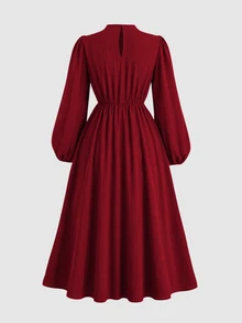 SHEIN 少女純色紋理酒紅色長袖優雅洋裝 通勤立領燈籠袖 A字裙 秋季派對洋裝 紅色洋裝 - 酒紅色 - 查看 3