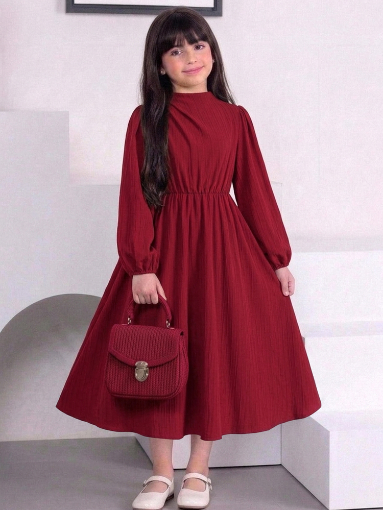 SHEIN Tween Girl Solid Textured Burgundy Long Sleeve Elegant Dress Commute Stand Collar Lantern Sleeve A-Line Autumn Party Dress Red Dress - Burgundy - View 11