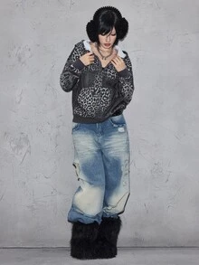 ROMWE Grunge Punk Street Style Grey Leopard Print Gradient Vintage Pattern Rhinestone Women's Sweatshirt - Dark Grey - View 4