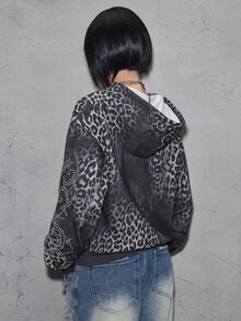 ROMWE Grunge Punk Street Style Grey Leopard Print Gradient Vintage Pattern Rhinestone Women's Sweatshirt - Dark Grey - View 2