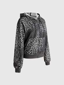ROMWE Grunge Punk Street Style Grey Leopard Print Gradient Vintage Pattern Rhinestone Women's Sweatshirt - Dark Grey - View 7