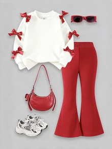 SHEIN 女童 2 件套 豹紋 3D 蝴蝶結可愛運動衫搭配豹紋長褲，秋季新款，適合秋冬室內外穿著 - 彩色 - 查看 1