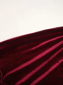 Tween Girl Kids Elegant Burgundy Solid Velvet Fabric Decor Asymmetrical Shoulder A-Line Mid-Length Lace Party Autumn Dress, Christmas Dress - Burgundy - View 5