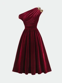 Tween Girl Kids Elegant Burgundy Solid Velvet Fabric Decor Asymmetrical Shoulder A-Line Mid-Length Lace Party Autumn Dress, Christmas Dress - Burgundy - View 2