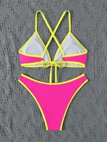 SHEIN Swim Women's Summer Beach Contrast Neon Trim Back Cross Sexy Halter Bikini Set Bathing Suit - Hot Pink - View 6