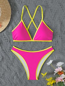 SHEIN Swim Women's Summer Beach Contrast Neon Trim Back Cross Sexy Halter Bikini Set Bathing Suit - Hot Pink - View 2