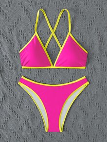 SHEIN Swim Women's Summer Beach Contrast Neon Trim Back Cross Sexy Halter Bikini Set Bathing Suit - Hot Pink - View 7