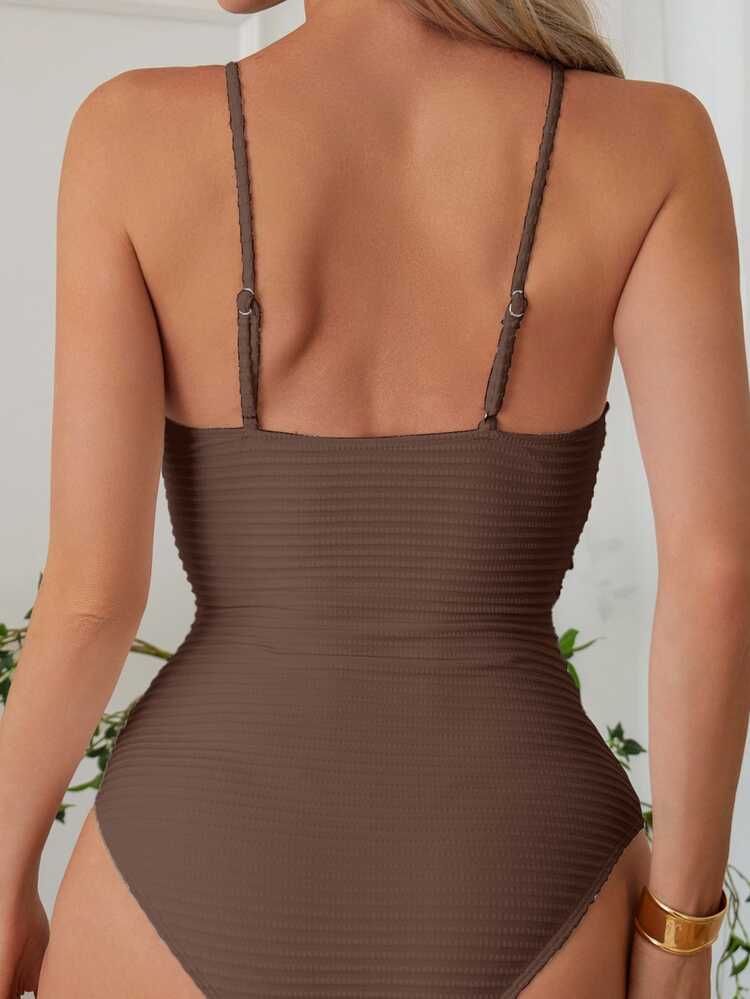 SHEIN Swim Women's Solid Color Ring Linked Strap One-Piece Swimsuit, Fashionable Resort Wear For Summer Beach Vacation - Brown - View 2