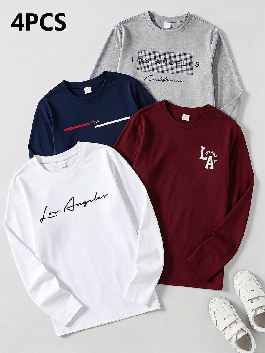 SHEIN 4pcs/Pack Teen Boys 4-Pack Long Sleeve T-Shirts Multipack, Casual Assorted "Los Angeles" Letter Graphic Print Crewneck Pullover Basic Tees Set - Multicolor - View 1