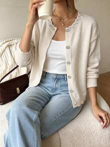 SHEIN Women's French Elegant Mature Style Rhinestone Decorated Lace Trim Rhinestone Button Round Neck Knit Cardigan, Versatile For Commuting And Outings - Apricot - View 7