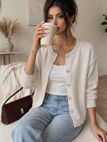 SHEIN Women's French Elegant Mature Style Rhinestone Decorated Lace Trim Rhinestone Button Round Neck Knit Cardigan, Versatile For Commuting And Outings - Apricot - View 2