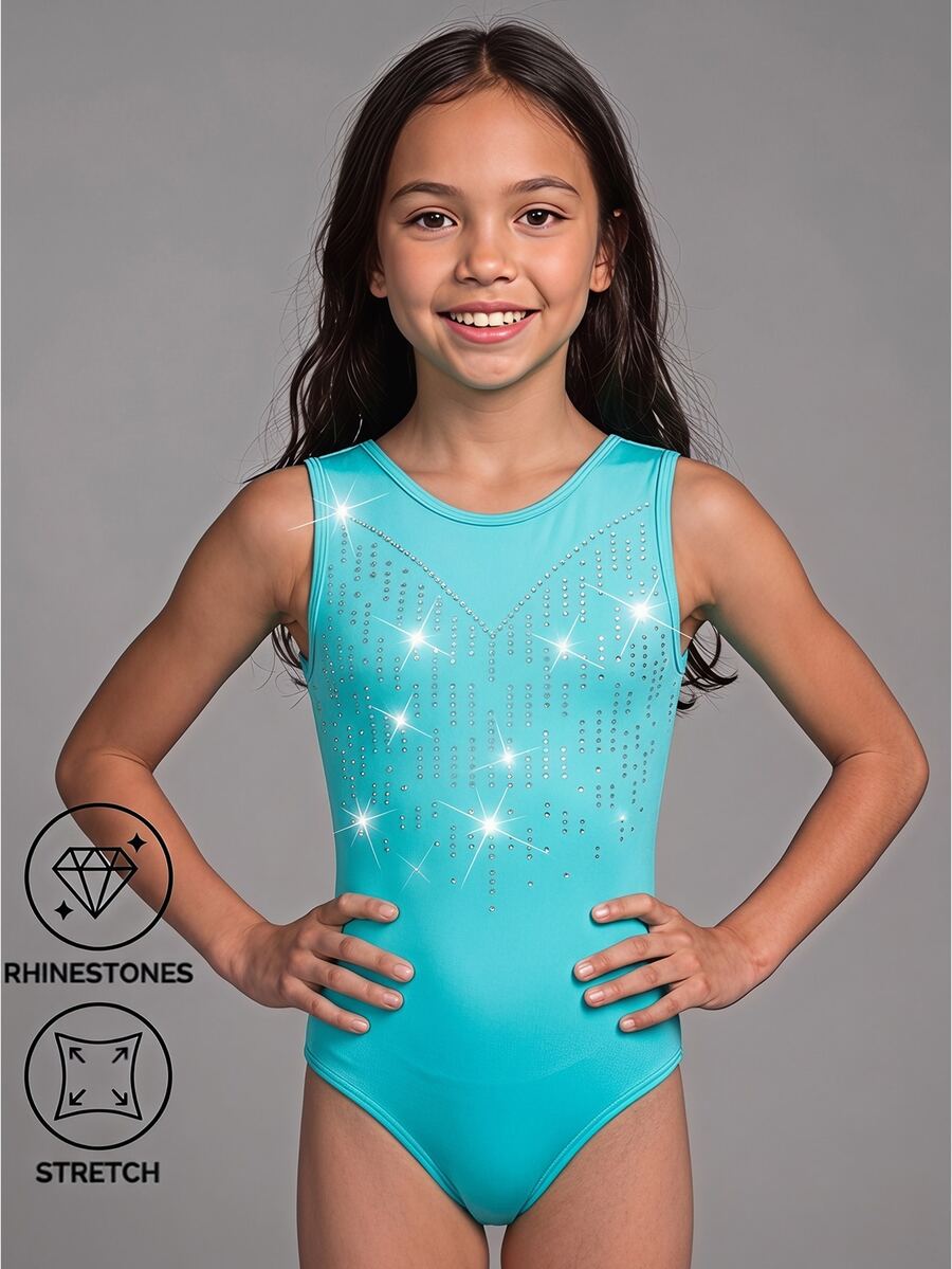 SHEIN Tween Girls' Sleeveless Rhinestone Leotard,Turquoise Blue Summer Athletic Dancewear,High Stretch Snug Fit Unitard For Dance,Ballet,Gymnastics&Elegant - Blue - View 1