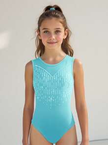 SHEIN Tween Girls' Sleeveless Rhinestone Leotard,Turquoise Blue Summer Athletic Dancewear,High Stretch Snug Fit Unitard For Dance,Ballet,Gymnastics&Elegant - Blue - View 8